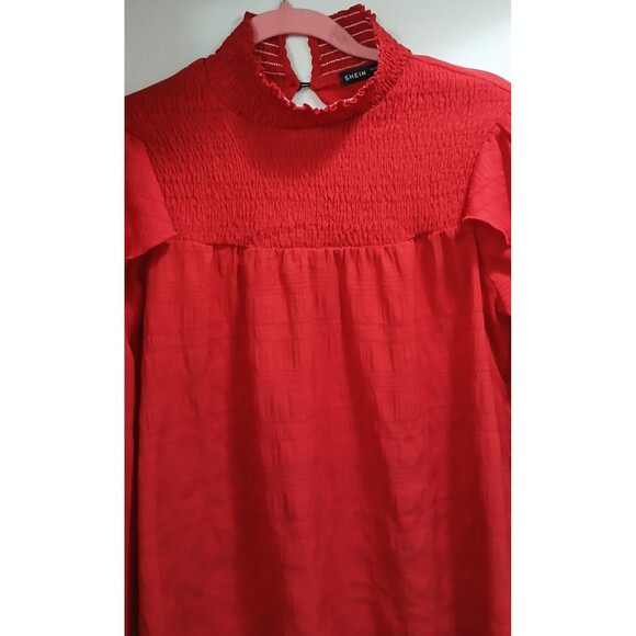 SHEIN Raspberry Red Textured Ruffle Trim High Neck Blouse XS L/S Chic Top LNC - Picture 4 of 7